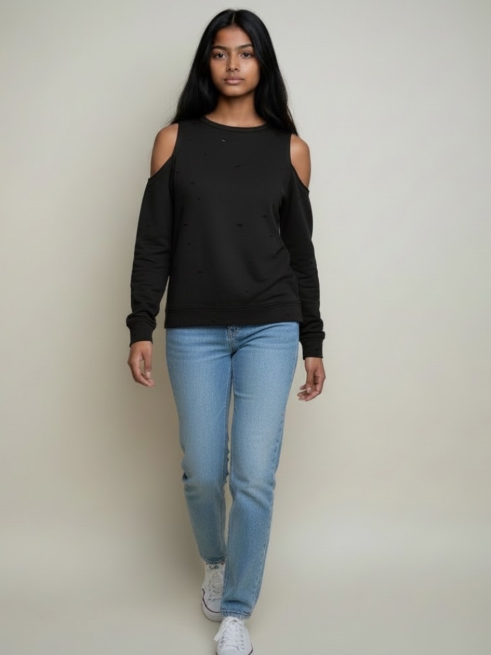 NWT Crave Fame Almost Famous Black Cold Shoulder Distressed Sweatshirt Large